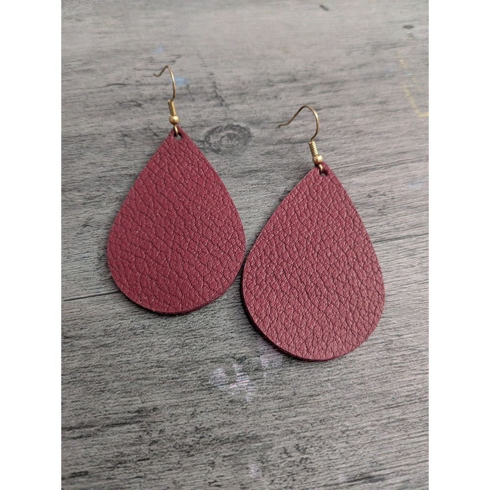 Burgundy Faux Leather Teardrop Earrings Gold Tone Fishhook Wine Red Pebbled